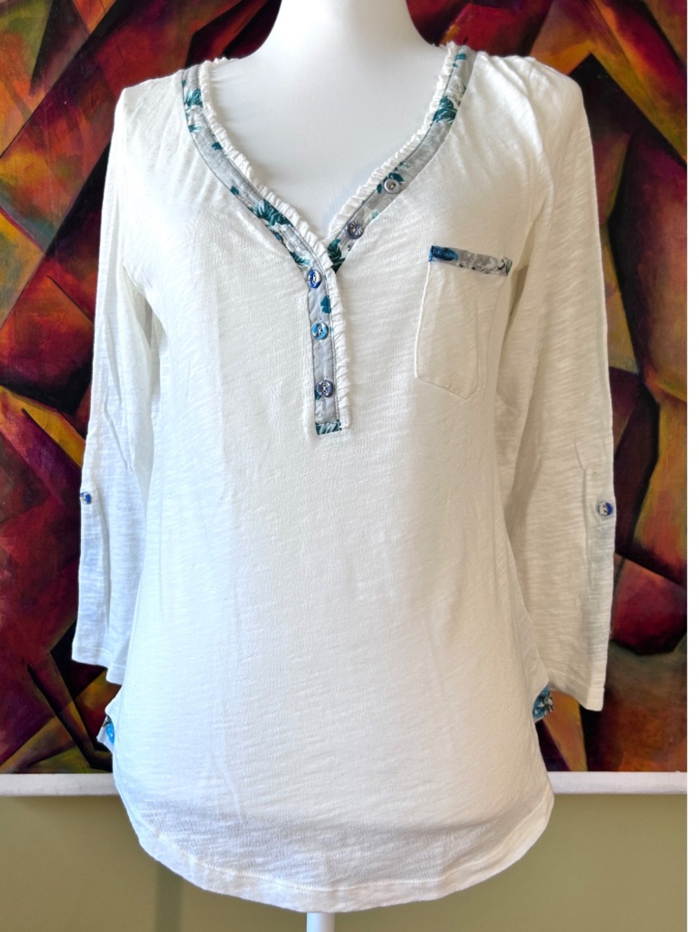 Anthropologie NWT Y2K White Roll Tab Long Sleeves Floral Ruffle Tee Cotton S